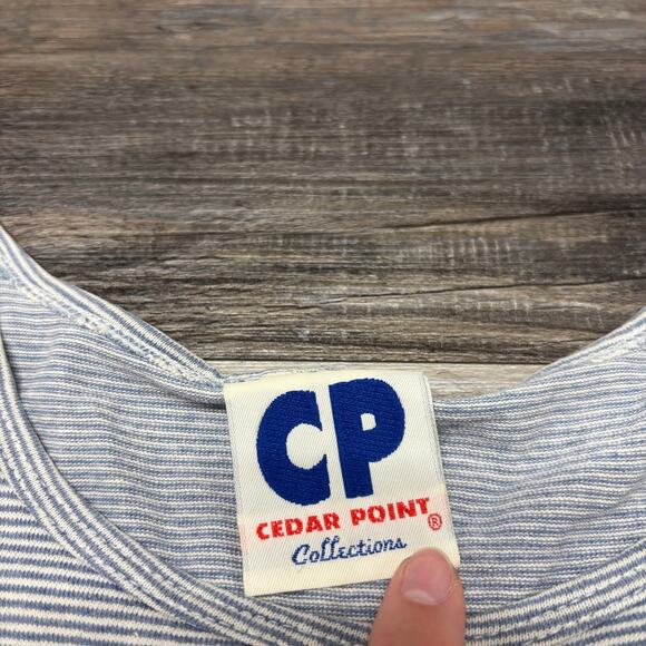 Vintage 90s Cedar Point Shirt Striped Blue White Mens L XL Destination Tank Top - Picture 5 of 9